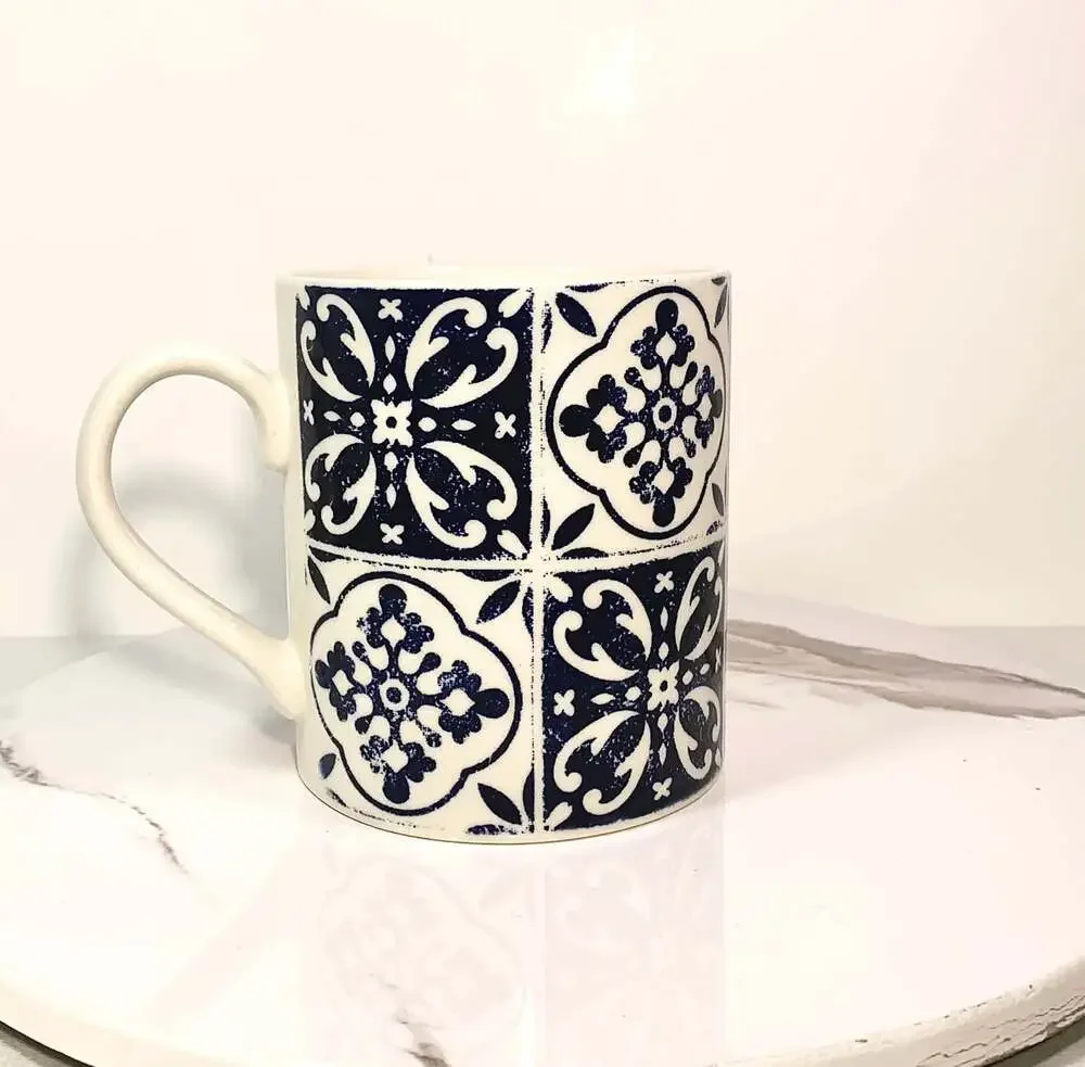 Pier 1 Imports Tiled Medallions coffee cup mug blue & white